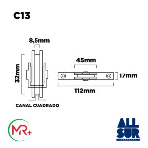 Rueda Ventana Corrediza Canal Cuadrado Acero Ø 45mm (2)