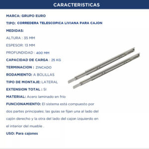 Correderas Telescopicas 40cm Slim 25kg Zincado Grupo Euro (2)