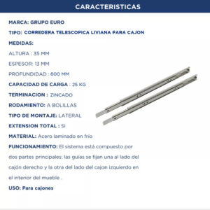 Correderas Telescopicas 60cm Slim 25kg Zincado Grupo Euro (2)