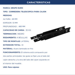 Correderas Telescopicas 45cm Reforzadas 35kg Negro Grupo Euro (2)