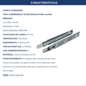Correderas Telescopicas 120cm Reforzada 30kg Zincado Eurohard (2)
